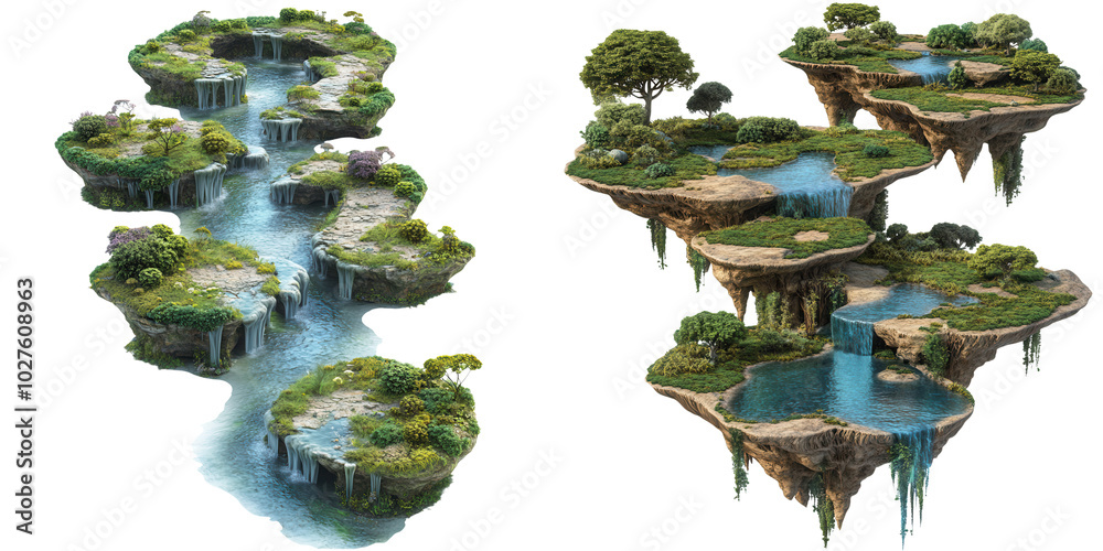 Floating islands with lush greenery and clear water bodies, isolated on white background. on transparent cutout, PNG file Floating islands with lush greenery and clear water bodies, isolated on white background. on transparent cutout, PNG file