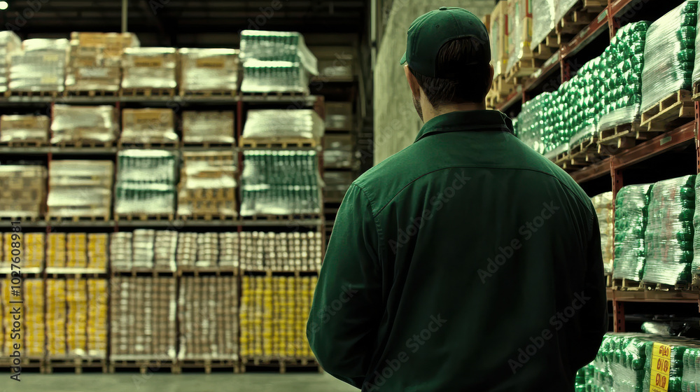Warehouse worker looking at shelves with goods, high-angle wide shot Warehouse worker looking at shelves with goods, high-angle wide shot
