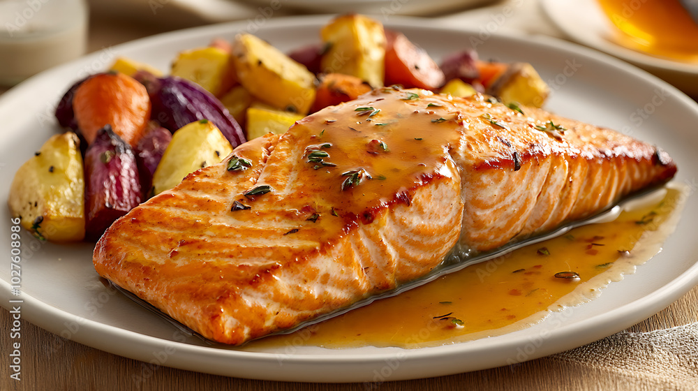 Honey-Mustard Glazed Salmon: Salmon fillets brushed with a sweet and tangy honey-mustard glaze Honey-Mustard Glazed Salmon: Salmon fillets brushed with a sweet and tangy honey-mustard glaze
