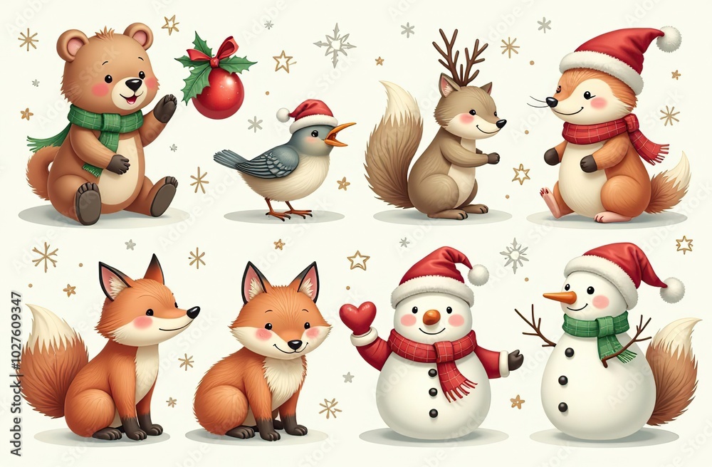 Christmas collection with cute animals: bear, fox, squirrel, bird, Santa Claus, Snowman and christmas decorative elements Christmas collection with cute animals: bear, fox, squirrel, bird, Santa Claus, Snowman and christmas decorative elements