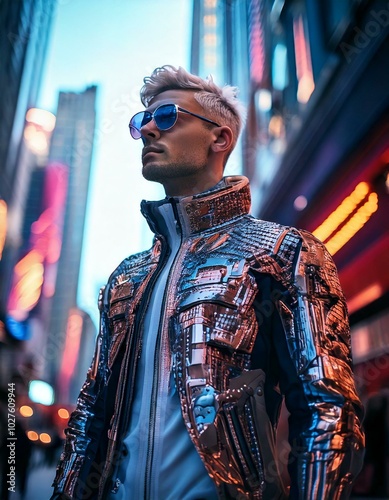 Model in a Futuristic Outfit on a Cyberpunk Urban Street Background