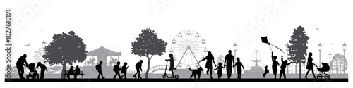Family silhouettes. Groups of people, father, mother and children strolling in the city park. Vector illustration	
