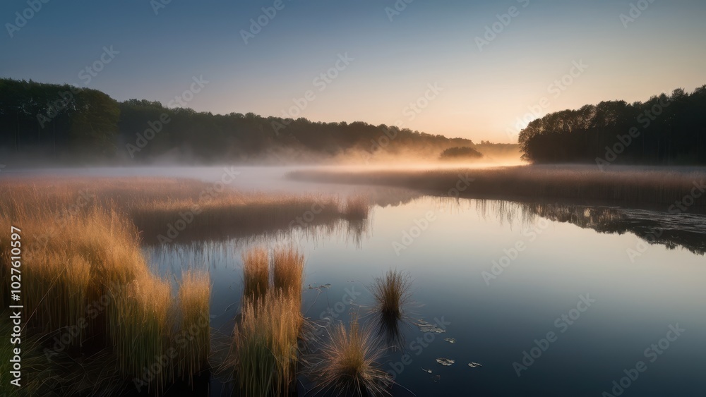 Fototapeta premium A serene morning scene by a lake with reeds and grasses bathed in golden light as the sun rises. The mist over the water creates a peaceful and atmospheric landscape