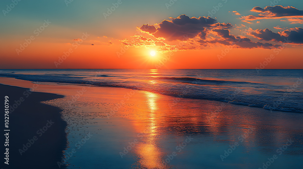Sunset on the beach in North Carolina, golden sand and orange sky Sunset on the beach in North Carolina, golden sand and orange sky