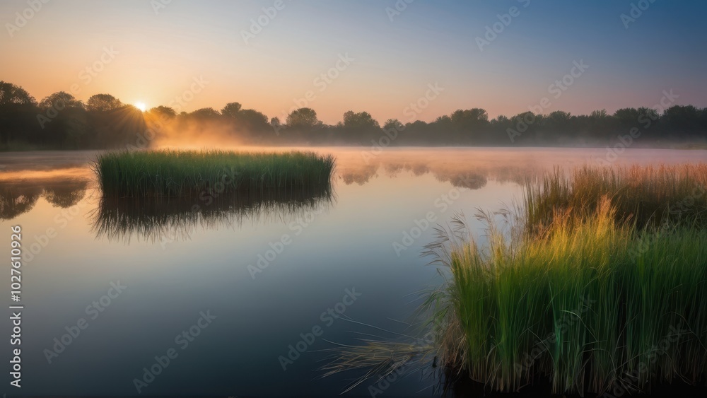 Fototapeta premium A serene morning scene by a lake with reeds and grasses bathed in golden light as the sun rises. The mist over the water creates a peaceful and atmospheric landscape
