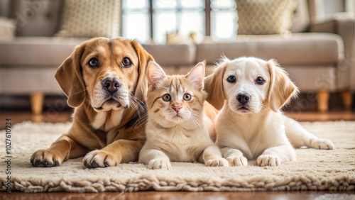 Three pets sitting together on a cozy carpet at home. photo