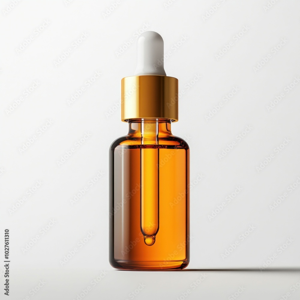 Amber glass dropper bottle with gold cap on white background Amber glass dropper bottle with gold cap on white background