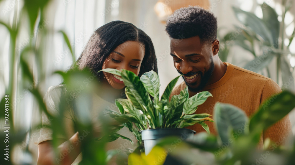 Obraz premium Couple caring houseplants at home. African american young adult man and woman with green plants