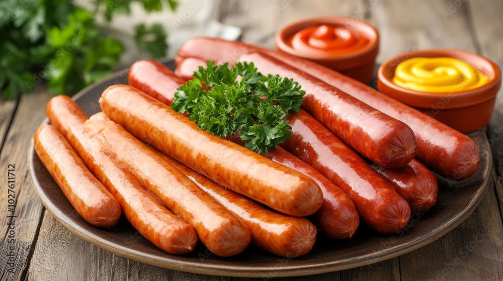 Fresh Hot Dogs with Condiments on Wooden Table Fresh Hot Dogs with Condiments on Wooden Table