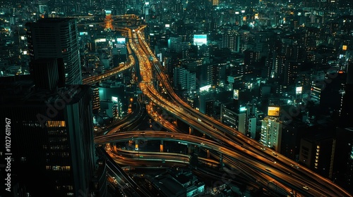 An aerial view of a city at night with a complex network of illuminated highways and skyscrapers.