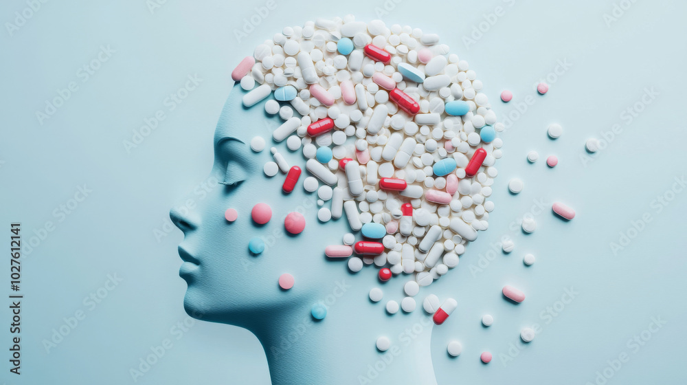 Head made of various pills against color background Head made of various pills against color background