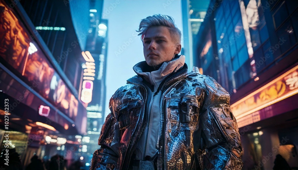 Obraz premium Model in a Futuristic Outfit on a Cyberpunk Urban Street Background