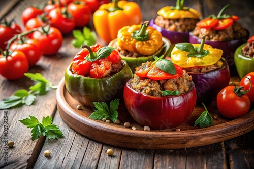 Closeup of Stuffed Vegetables - Meat-Stuffed Tomatoes, Peppers, and Eggplant for Delicious Food Photography