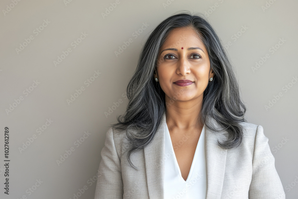 Portrait of middle age Indian businesswoman in suit against neutral background Portrait of middle age Indian businesswoman in suit against neutral background