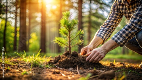 Person planting a young tree in a sunlit forest setting. photo