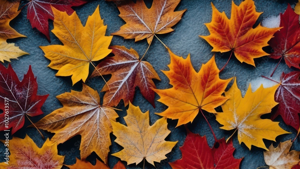 A collection of vibrant autumn leaves in shades of red, orange, and yellow, partially covered with frost. The frost adds intricate white patterns to the colorful leaves, creating a striking seasonal c A collection of vibrant autumn leaves in shades of red, orange, and yellow, partially covered with frost. The frost adds intricate white patterns to the colorful leaves, creating a striking seasonal c