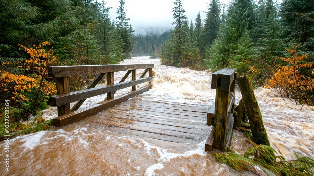 A wooden bridge over turbulent waters, surrounded by lush evergreen trees, showcasing the power of nature and seasonal change.