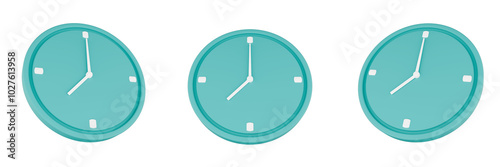 Set of 3D blue clock icons in different angles. Isolated on transparent background
