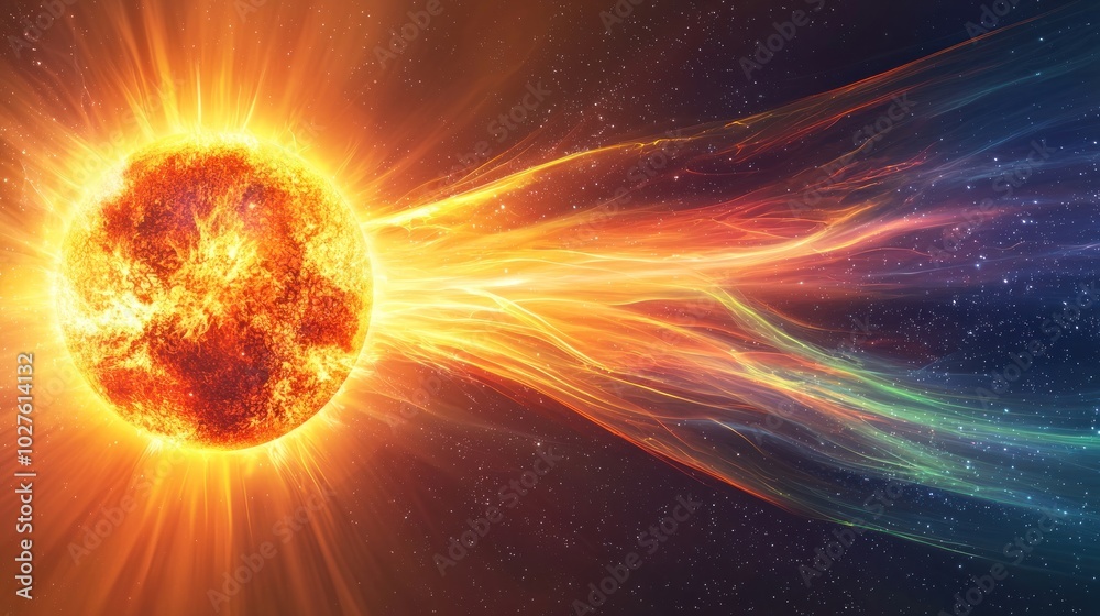 Scientific concept of solar wind interacting with the Earth's magnetosphere.