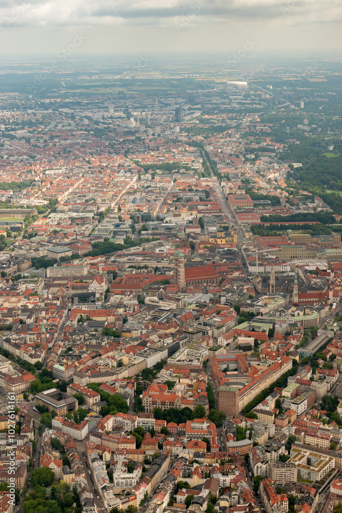 Fototapeta premium Munich city center in Germany seen from a small plane