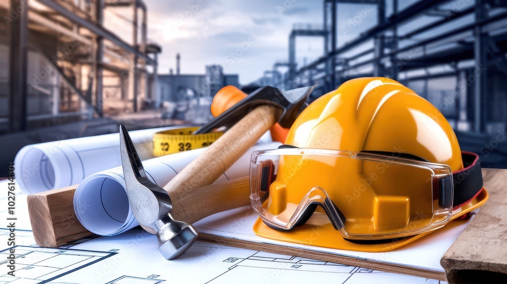 Construction tools and safety gear on blueprints, symbolizing teamwork and project planning in the industry. Construction tools and safety gear on blueprints, symbolizing teamwork and project planning in the industry.