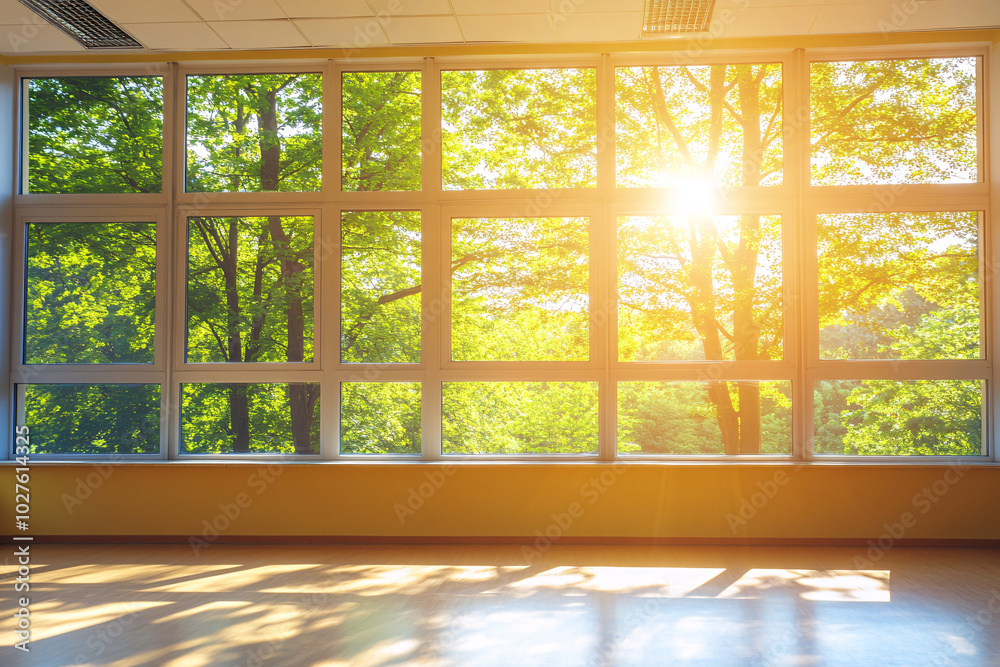 Fototapeta premium Sunlight Streaming Through Large Window in Room with Green Trees View