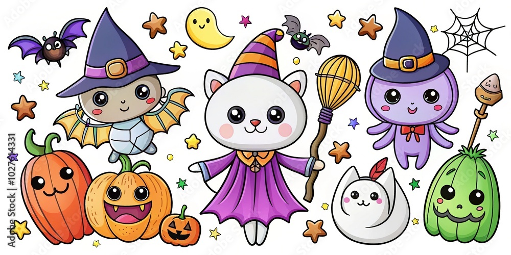 Fototapeta premium Cute Doodle Halloween Characters for All Saints Day Coloring Book - Ghosts, Spiders, Cats, and More