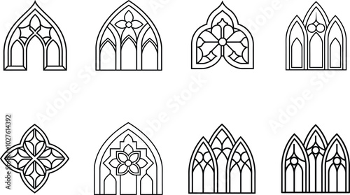 Gothic Arch Window Designs Set Black White Illustration