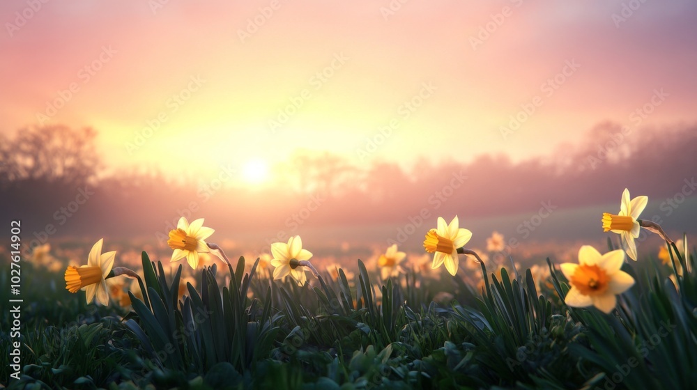 Fototapeta premium Daffodils Blooming in a Field at Sunset