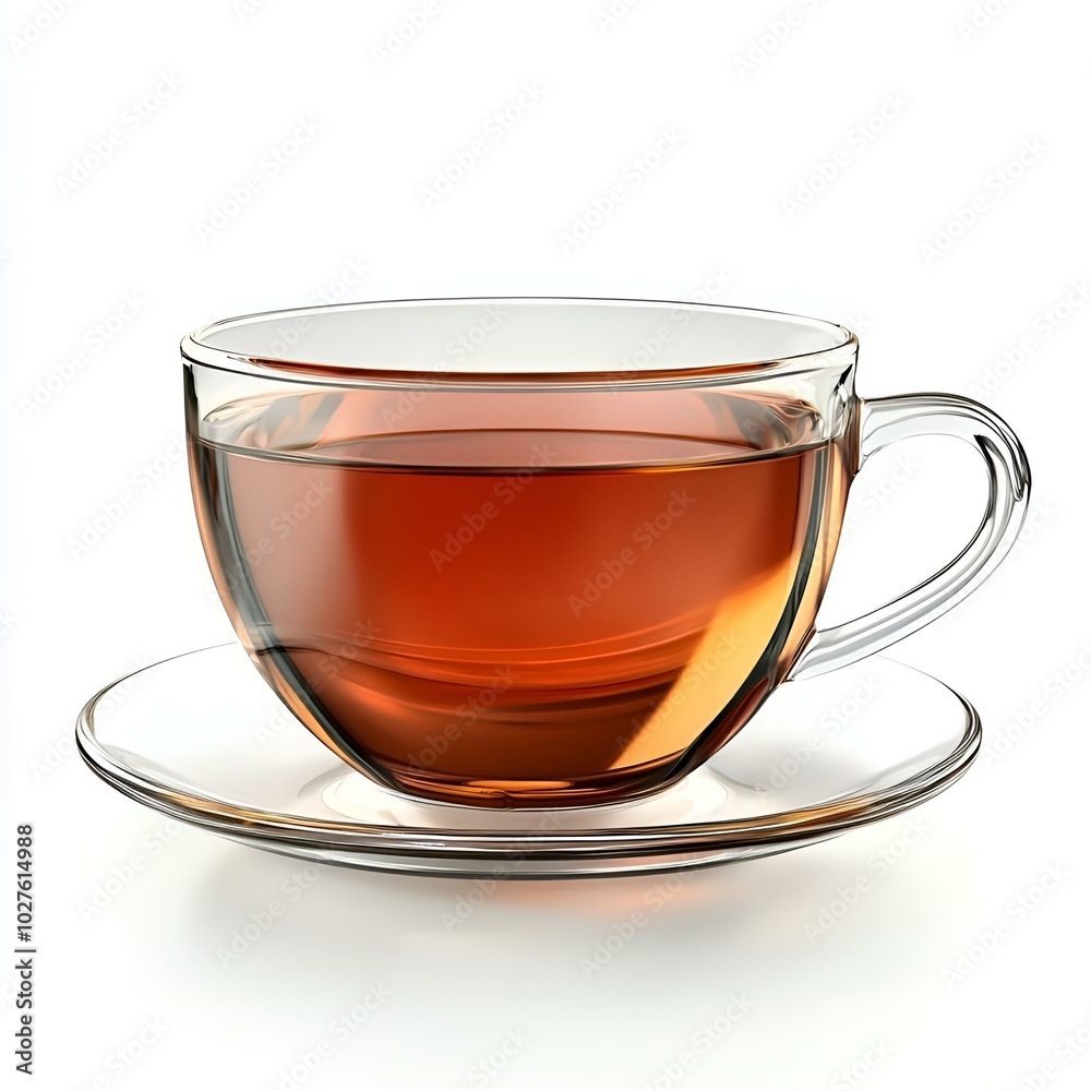 Glass cup of herbal tea with saucer on white surface Glass cup of herbal tea with saucer on white surface