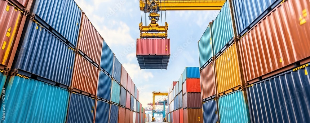 Fototapeta premium Container crane at the port lifting cargo, rows of stacked shipping containers, global logistics and transportation concept, industrial scene, bright sky background