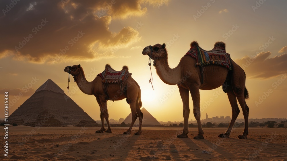 Two camels stand in front of the great pyramids of Giza at sunset.