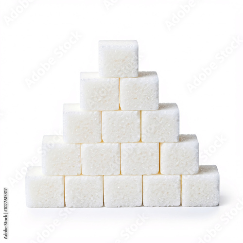 white sugar cubes stacked in a pyramid on white background