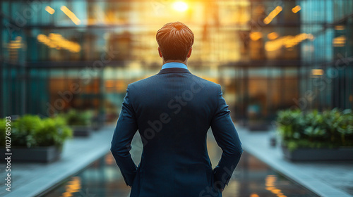 businessman in a suit stands confidently in a modern office, symbolizing professionalism, ambition, and the pursuit of success in a competitive corporate environment