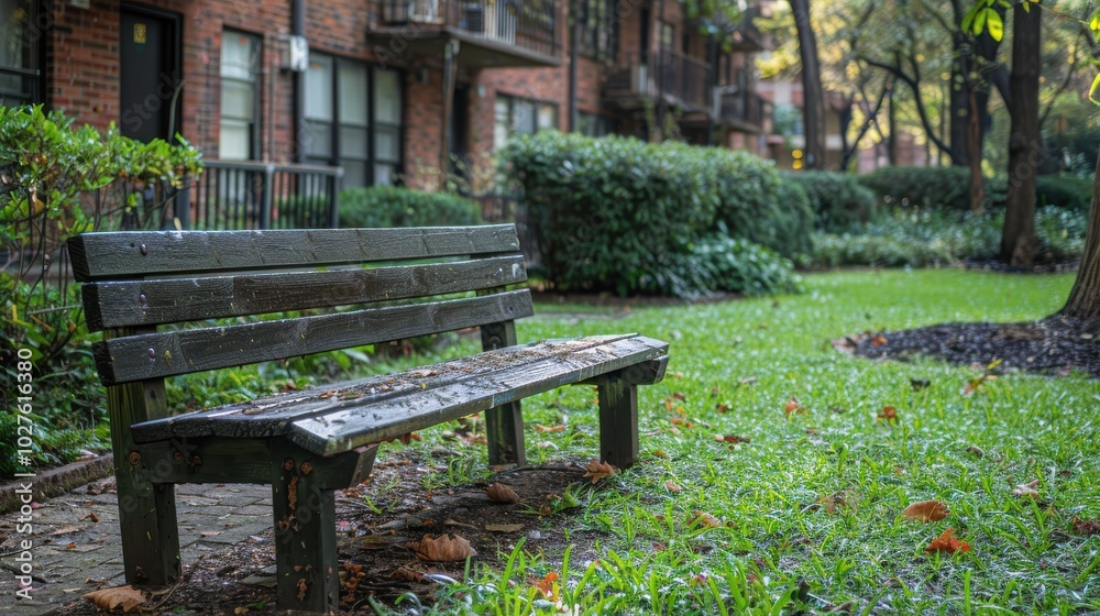 A serene park bench nestled among the greenery of an urban courtyard in autumn's golden light. Generative AI A serene park bench nestled among the greenery of an urban courtyard in autumn's golden light. Generative AI
