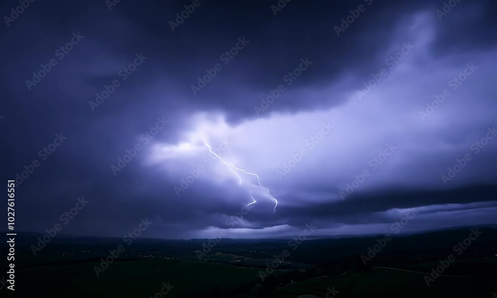 A powerful lightning bolt strikes a dark sky over a distant town. A powerful lightning bolt strikes a dark sky over a distant town.