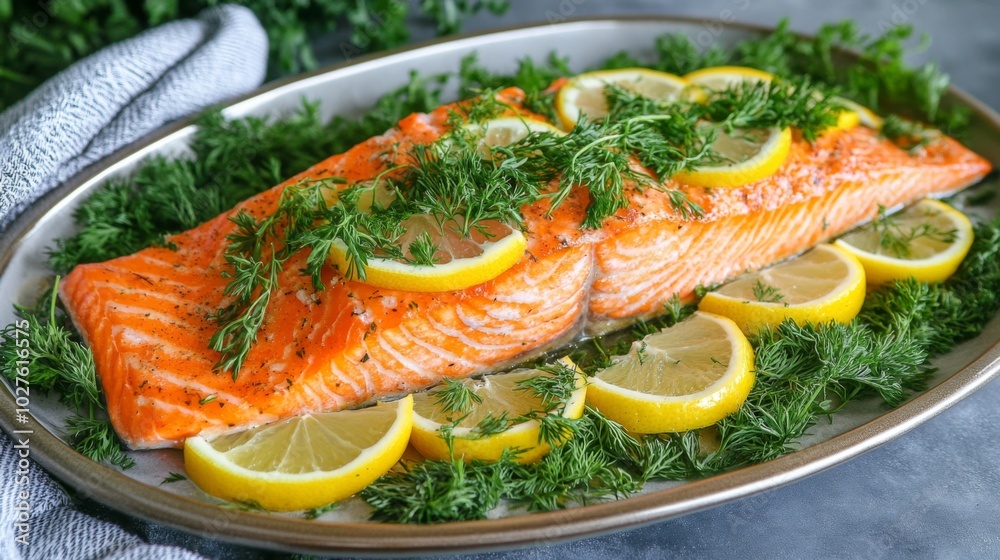 Fresh Salmon Fillet with Lemon and Dill Garnish