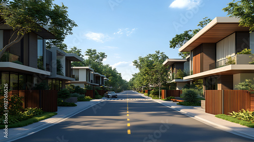 masterplan community layout, with identical contemporary villas connected to a curved road with a community green park in the middle photo