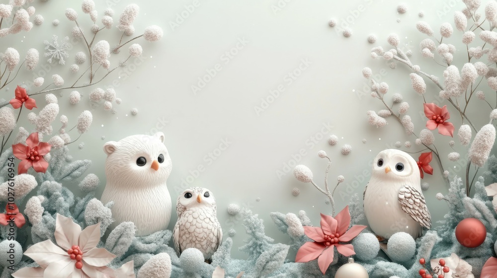 Obraz premium A Christmas vintage border with a minimalist design, featuring 3D-rendered animals like owls and polar bears in cozy winter settings, surrounding a blank frame with soft pastel and neutral holiday