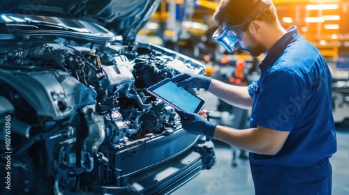 Vehicle engine inspection with AR: Technicians using AR tablets to diagnose and repair broken components in real-time