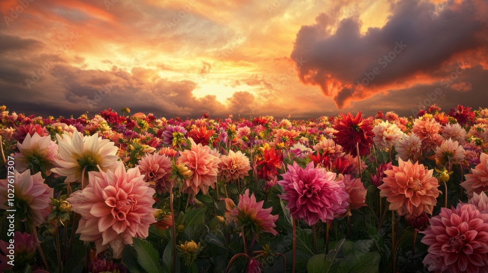 Fototapeta premium A Field of Vibrant Dahlias Against a Dramatic Sunset Sky