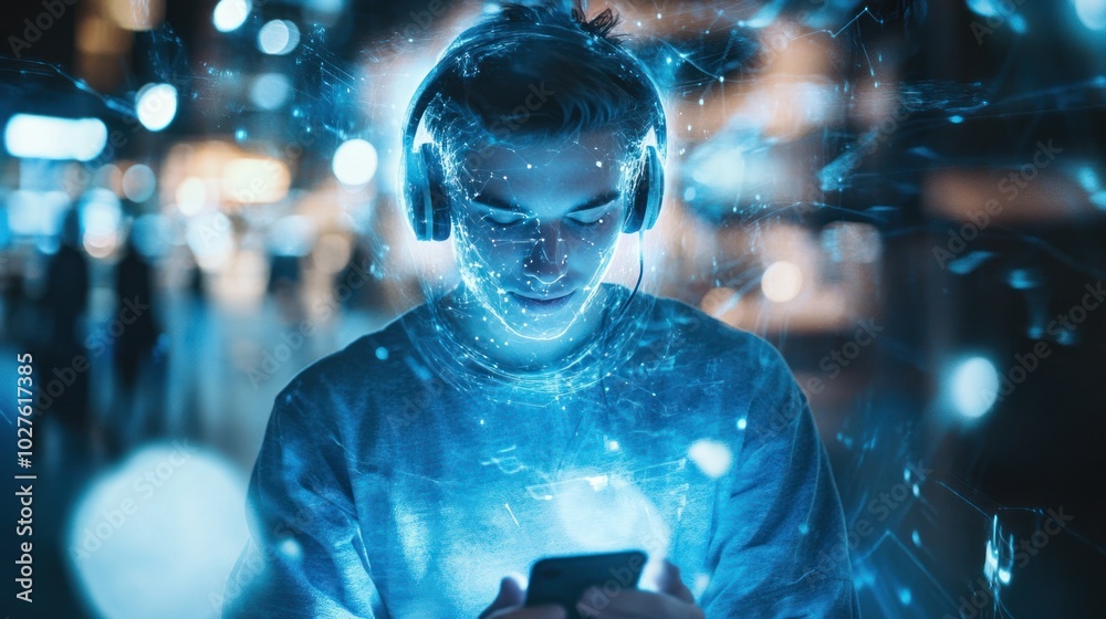 Virtual holographic assistant on mobile: A young man interacts with the assistant using phone and headphones Virtual holographic assistant on mobile: A young man interacts with the assistant using phone and headphones