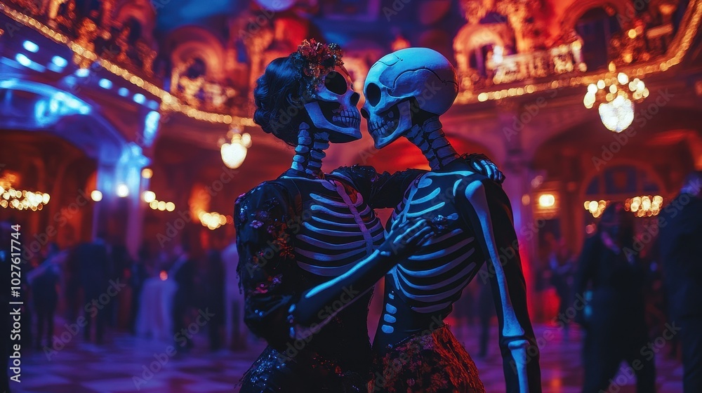 Couple in Matching Skeleton Costumes at Party Couple in Matching Skeleton Costumes at Party