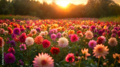 Sunset Over a Field of Vibrant Dahlias