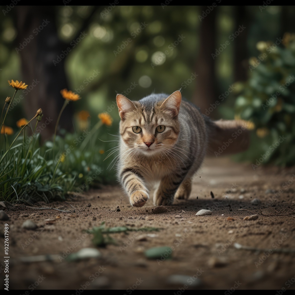 A tabby cat walks on a dirt path through a garden with yellow flowers. A tabby cat walks on a dirt path through a garden with yellow flowers.