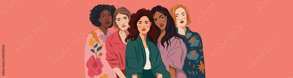 Women of different cultures and skin colors. Women's Day. Feminism. Movements for gender equality and women's empowerment. Vector banner with space for text on pink beige background Women of different cultures and skin colors. Women's Day. Feminism. Movements for gender equality and women's empowerment. Vector banner with space for text on pink beige background