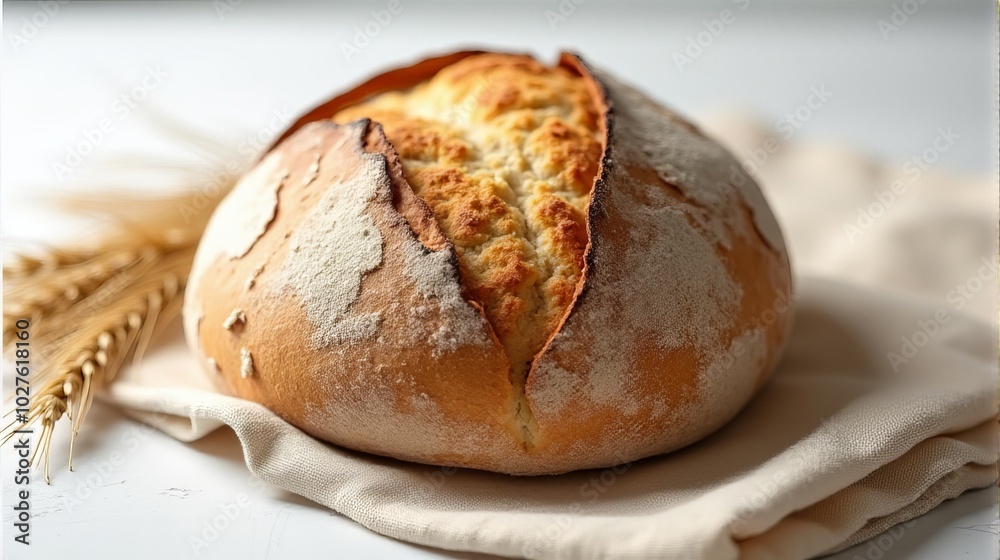 Freshly Baked Round Loaf of Sourdough Bread With a Golden Brown Crust, Detailed Scoring Patterns on the Top, Placed on a Beige Cloth Freshly Baked Round Loaf of Sourdough Bread With a Golden Brown Crust, Detailed Scoring Patterns on the Top, Placed on a Beige Cloth