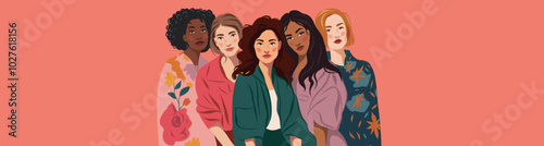 Women of different cultures and skin colors. Women's Day. Feminism. Movements for gender equality and women's empowerment. Vector banner with space for text on pink beige background