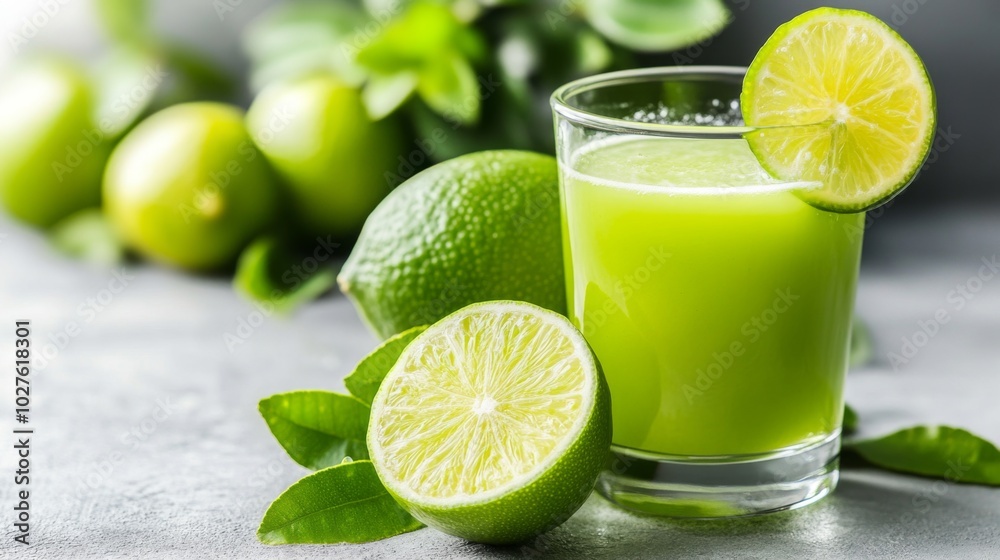 Fresh Lime Juice with Slices and Green Leaves Fresh Lime Juice with Slices and Green Leaves