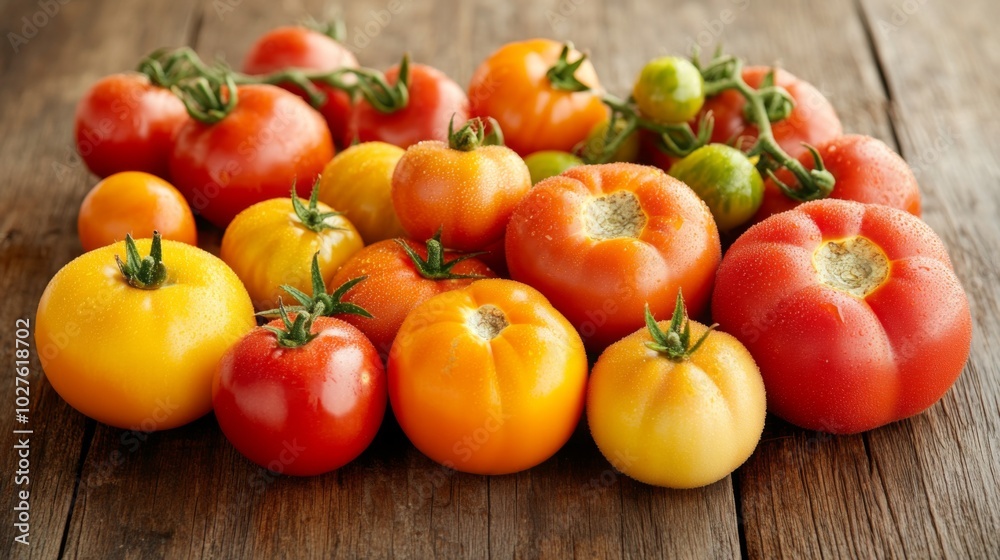 Assorted Fresh Tomatoes on Rustic Wooden Surface Assorted Fresh Tomatoes on Rustic Wooden Surface